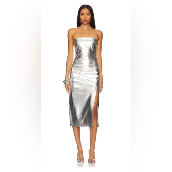 Alice + Olivia Metallic Silver Strapless Dress